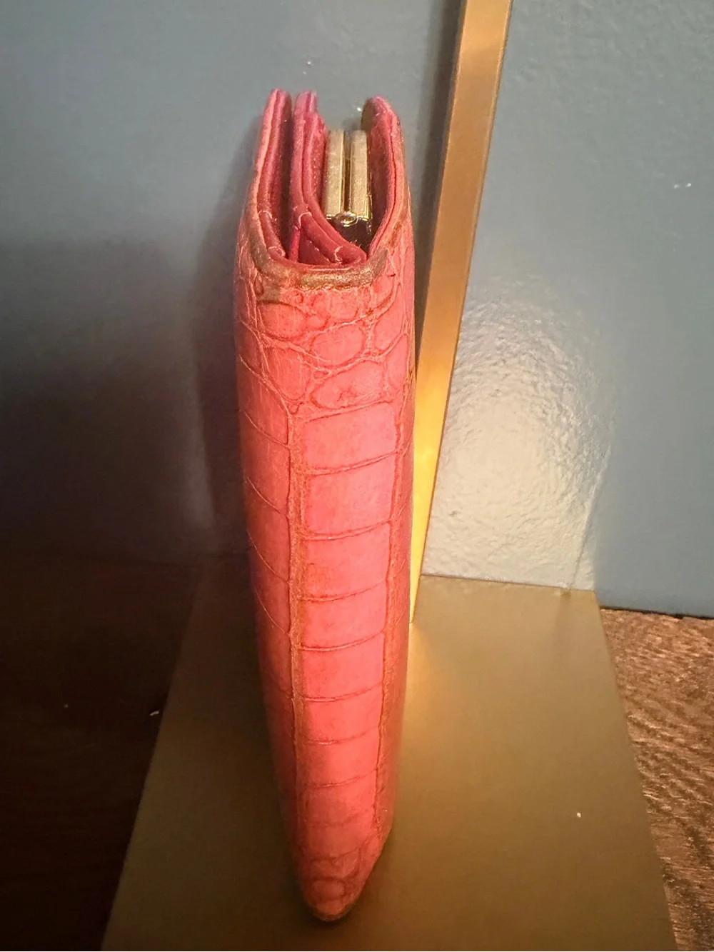 Miu Miu Coral Pink Croc-Embossed Leather Kiss Lock Wallet with Gold Hardware